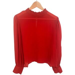J. Crew Blouse Top XL Ruffle Mock Neck Sheer Long Sleeve Rust Red